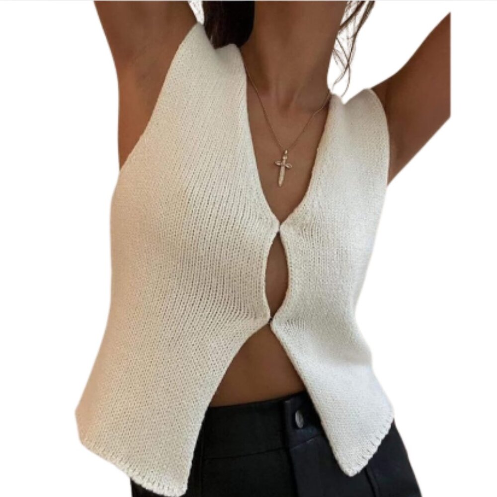 Crochet Knit Vest Top Size S NWT Sleeveless Button-Down Vintage - Picture 2 of 4